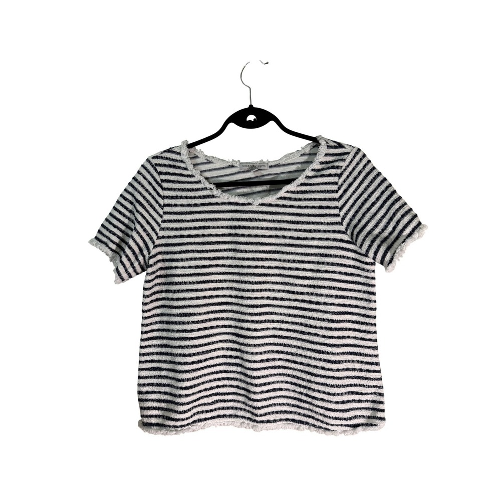 Green Envelope Sweater Womens L White Navy Striped Short Sleeve Fringe #nautical